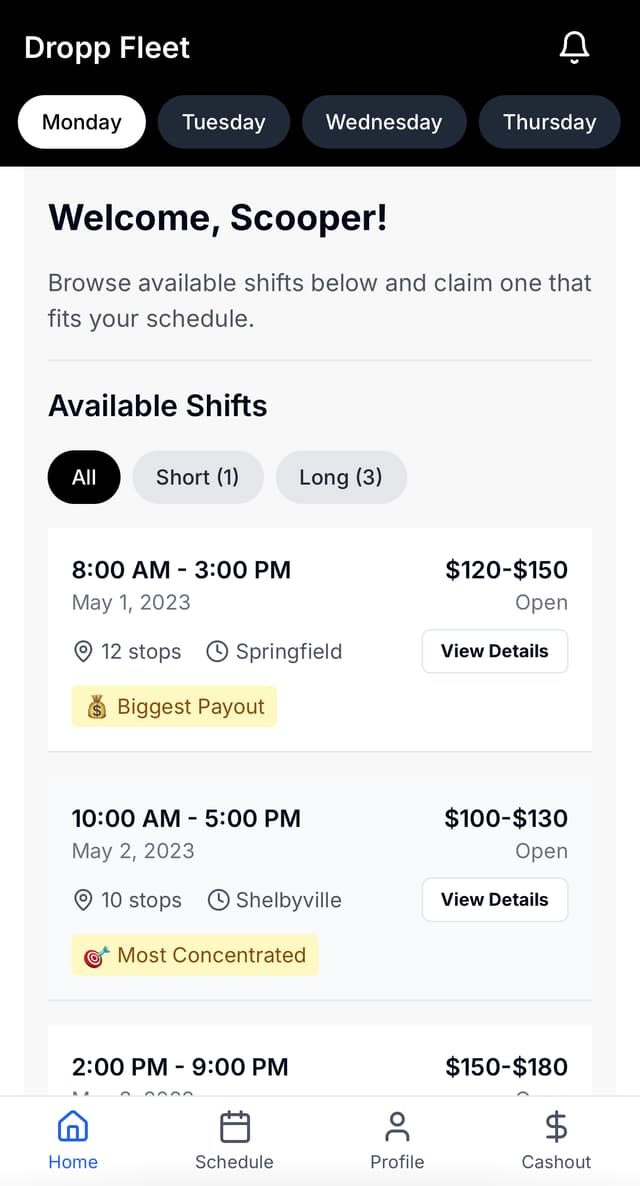 DROPP Fleet App interface showing schedule management and shift selection
