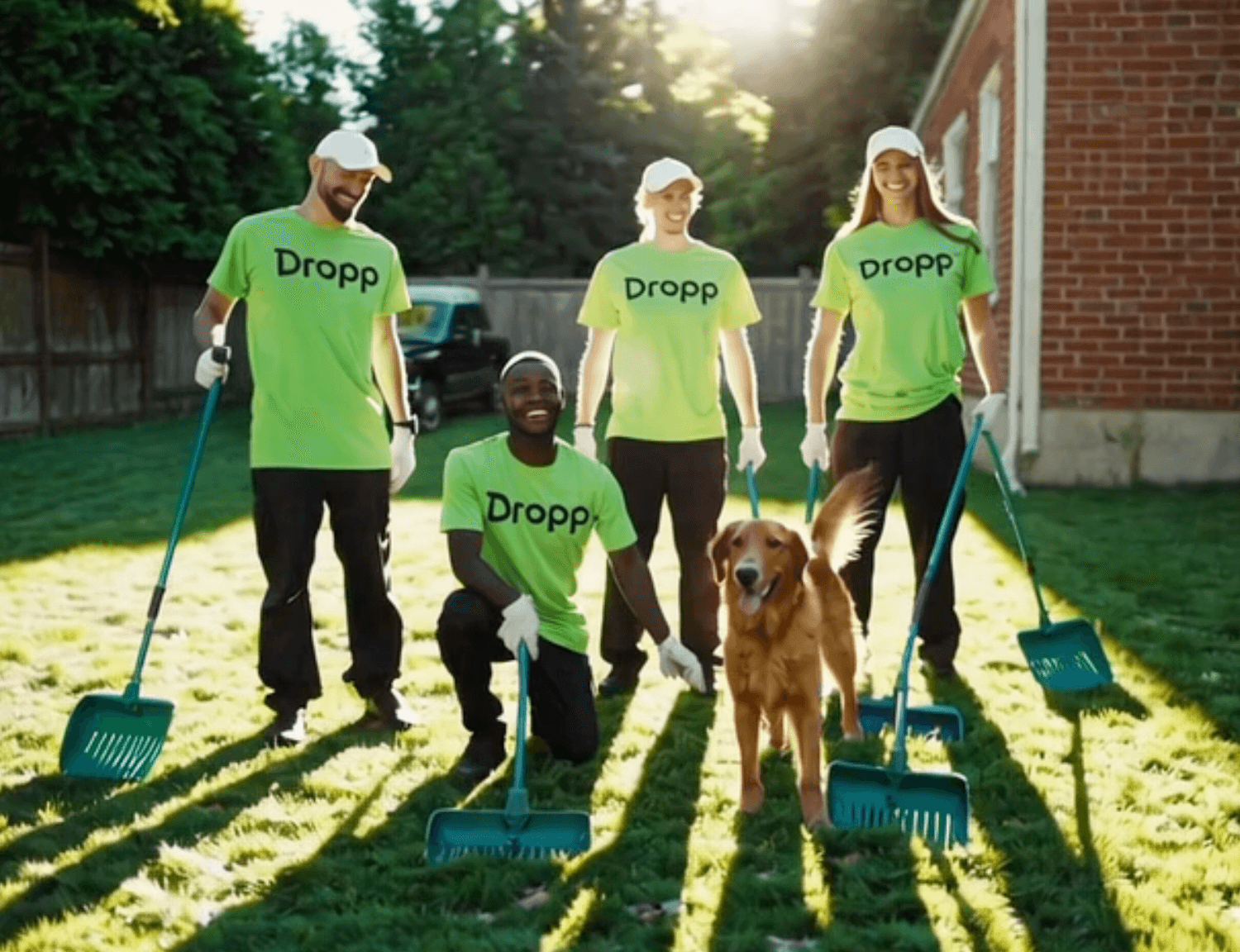 Dropp team members in bright green shirts with their cleaning tools and a friendly golden retriever in a sunny backyard